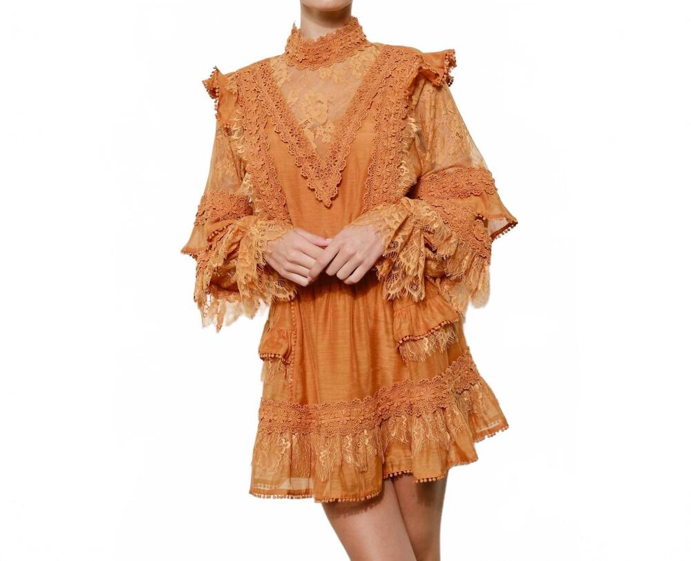 NEW INA FASHION floral lace high neck ruffle sleeve blouse in caramel